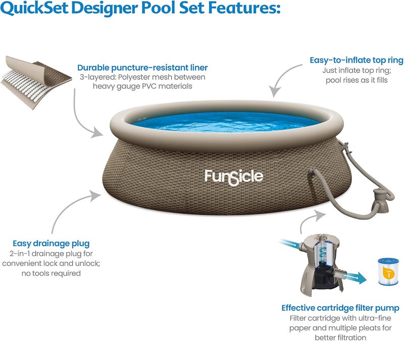 Funsicle Quickset Round Inflatable Ring Top Outdoor Above Ground Swimming Pool Set with Filter Pump and Type I Cartridge Filter, Brown - Image 3